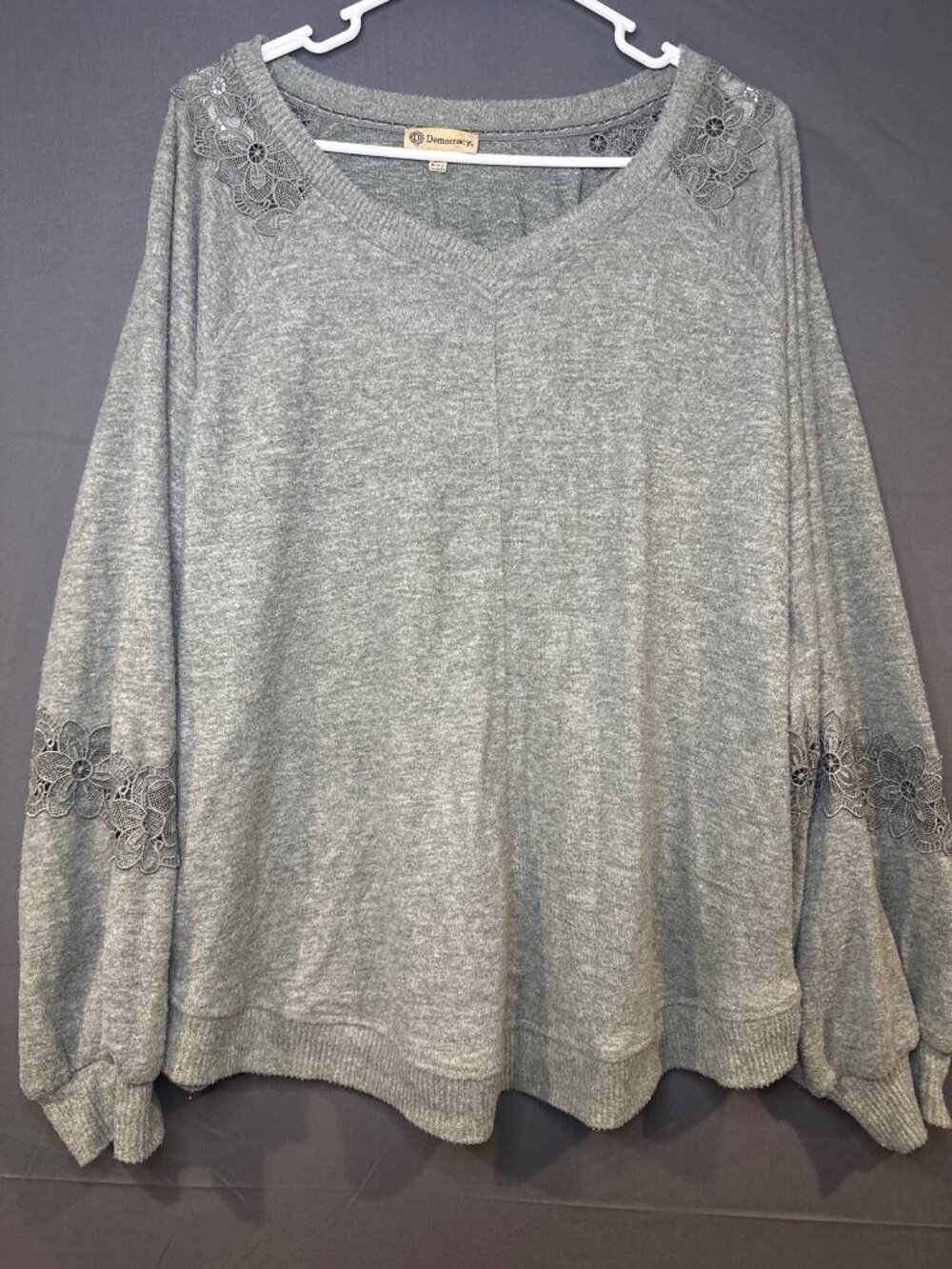 Democracy Womens 2X Green Lace Inset Balloon Sleeve Knit Top Plus Boho